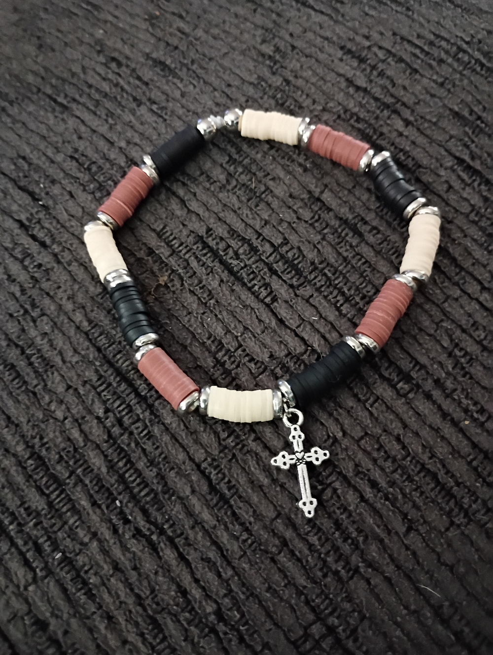 Beaded Cross Charm Bracelet in Black, Cream & Terracotta